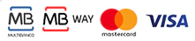 Logotipos dos métodos de pagamento disponíveis na loja online: Multibanco, MBWAY, Cartão de Crédito e Transferência Bancária